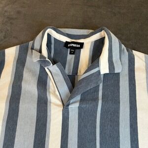 Express Striped Johnny Collar Polo Shirt Mens Medium Blue Pique Cotton